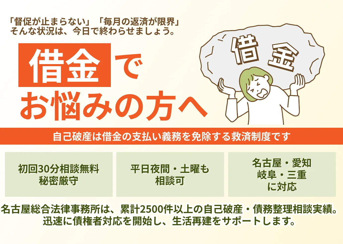 督促が止まらない 毎月の返済が限界 そんな状況は, 今日で終わらせましょう。借金でお悩みの方へ 自己破産は借金の支払い義務を免除する救済制度です. 初回三十分相談無料秘密厳守. 平日夜間土曜も相談可能 名古屋愛知岐阜三重に対応. 名古屋総合法律事務所は累計2500件以上の自己破産・債務整理相談実績. 迅速に債権者対応を開始し, 生活再建をサポートします