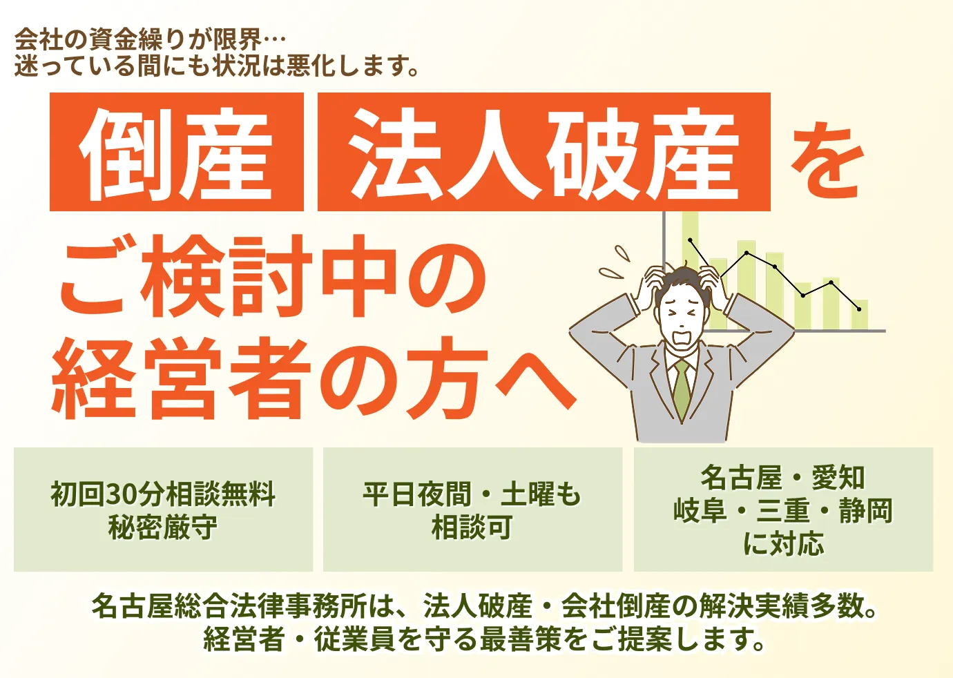 会社の資金繰りが限界…迷っている間にも状況は悪化します。倒産・法人破産をご検討中の経営者の方へ 初回30分相談無料
 秘密厳守 平日夜間・土曜も相談可 名古屋・愛知・岐阜・三重・静岡に対応 名古屋総合法律事務所は、法人破産・会社倒産の解決実績多数。経営者・従業員を守る最善策をご提案します。